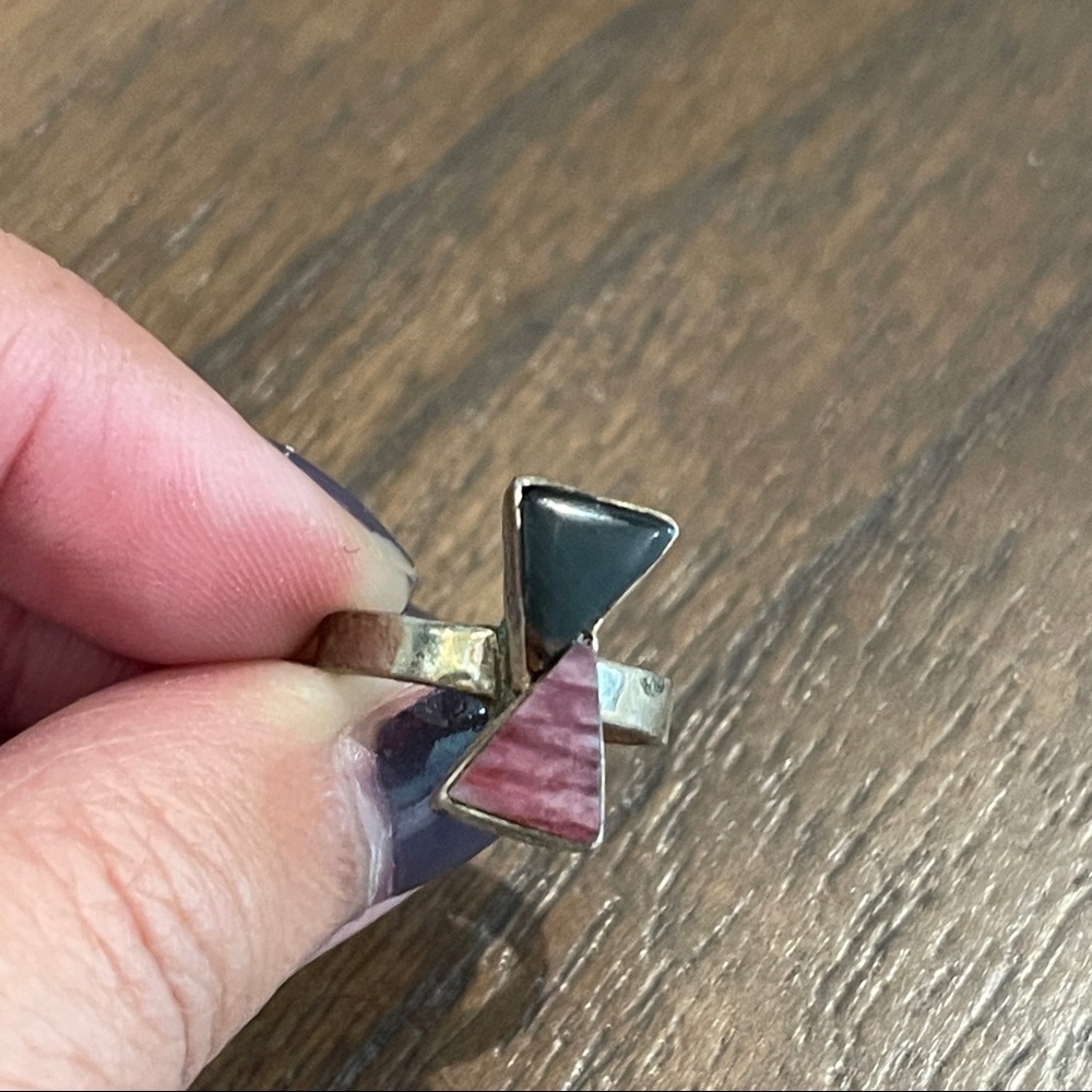 Custom pinky sterling silver ring with purple shell and black obsidian